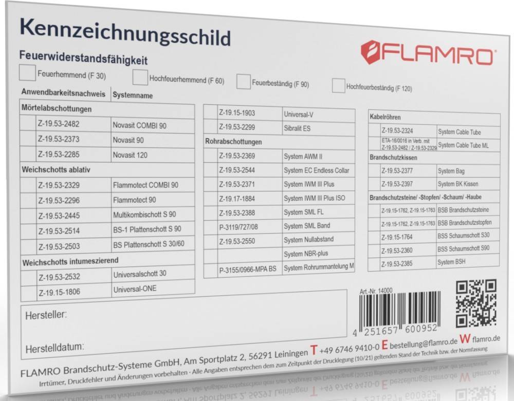 FLAMRO Brandschutz Kennzeichnungsschild 14000