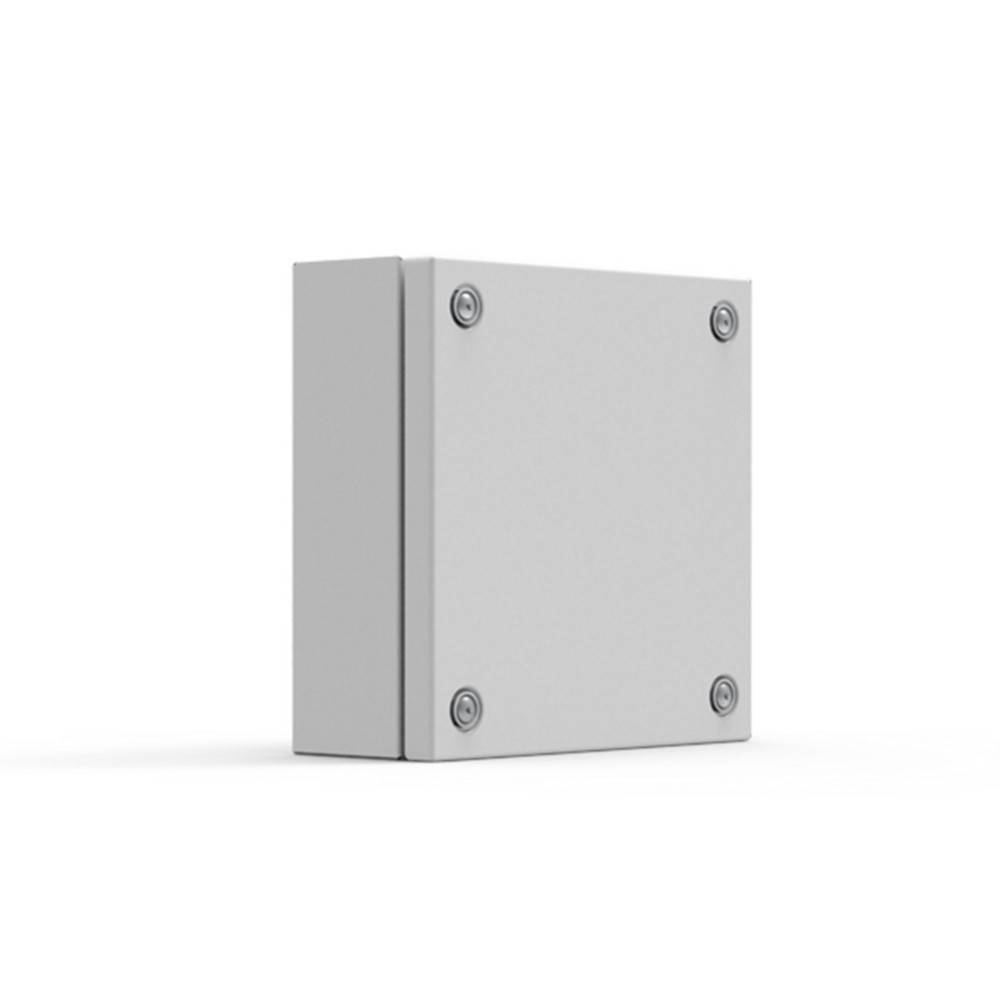 Eine graue, rechteckige Elektroverteilerdose mit vier sichtbaren Schrauben auf der Vorderseite.