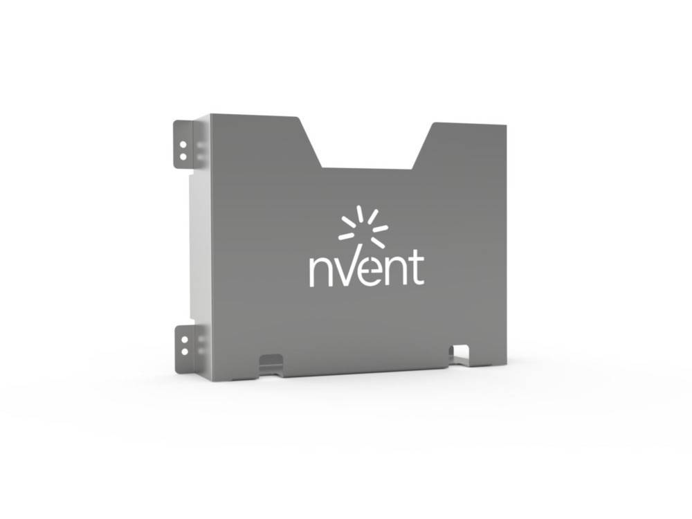 Rechteckiges graues Gerät mit 'nVent' Logo auf der Vorderseite, das an einer Seite einen Schlitztab aufweist.
