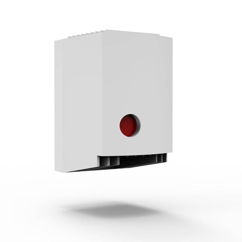 Weißes rechteckiges elektronisches Gerät mit einem roten Knopf auf der Vorderseite. Es schwebt vor einem schlichten weißen Hintergrund.