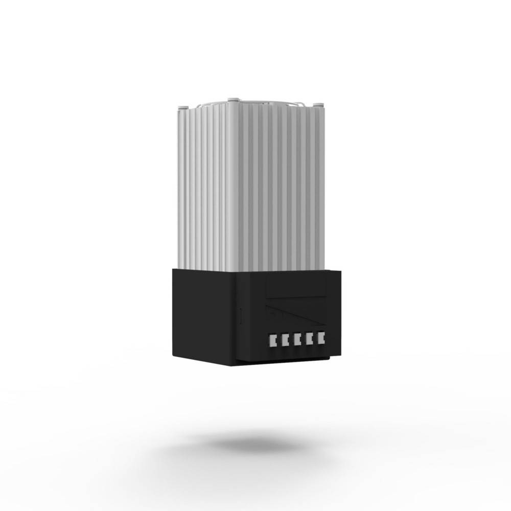 Ein kleines, quaderförmiges Gerät mit einer gerippten, metallischen Oberfläche und einer schwarzen Basis.