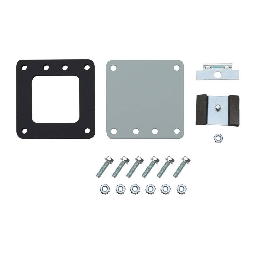 Befestigungszubehör-Set mit einem schwarzen Rahmen, Metallplatte, Halterung, Schrauben und Muttern, auf weißem Hintergrund ausgelegt.