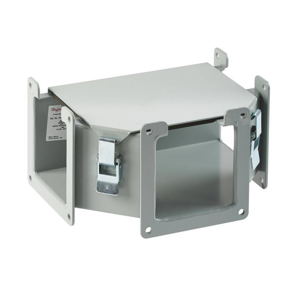 Ein metallisches rechteckiges Gehäuse mit einem Scharnideckel und einem Verschlussmechanismus, das zur Unterbringung von elektrischen Komponenten oder Verkabelung konzipiert ist.