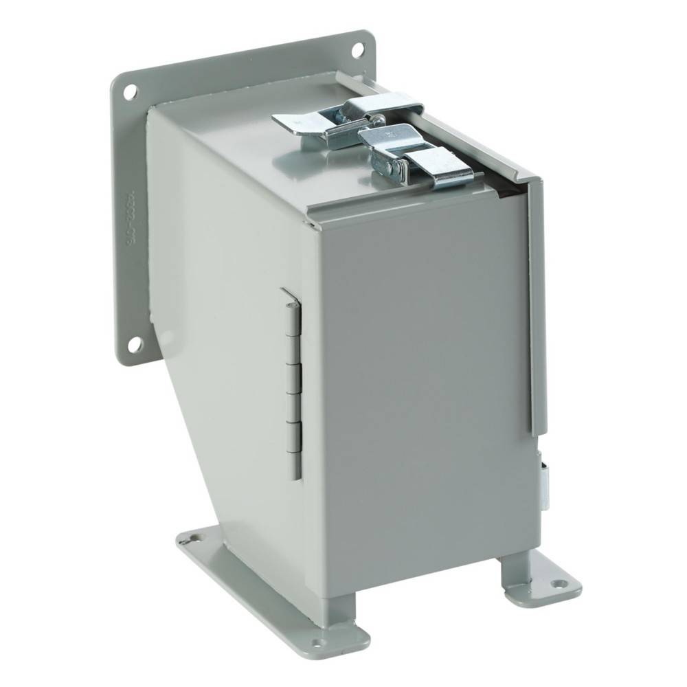 Ein Metallgehäuse für elektrische Anlagen mit einem Deckel mit Scharnier und Montageflansche, entwickelt zum Schutz von elektrischen Komponenten in industriellen Umgebungen.