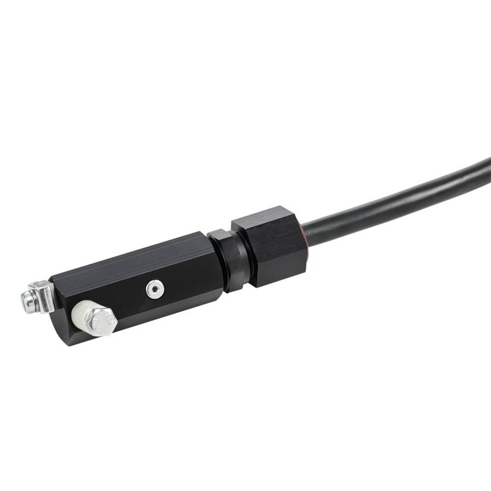 Ein schwarzer rechteckiger Sensor mit angeschlossenem Kabel, der zwei Schrauben an einer Seite und eine kleine zylindrische Vorsprung an der Vorderseite aufweist.