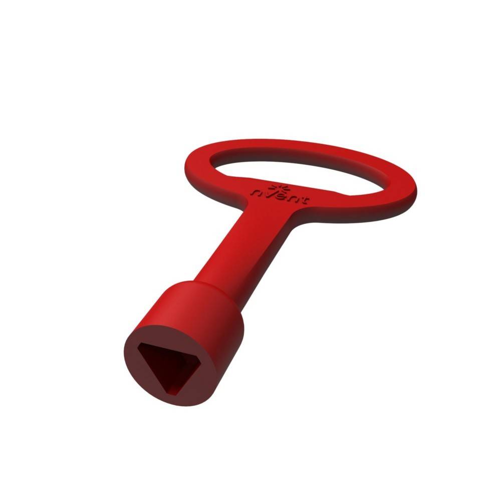 Ein roter dreieckiger Schlüssel mit ovalem Griff, der für den Zugang zu Gas- und Stromzählerkästen verwendet wird.