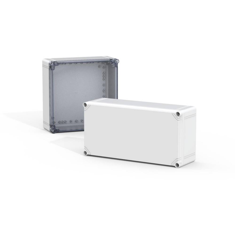 Zwei rechteckige, Plastik-Elektronikgehäuse; eines geöffnet, das seinen leeren Innenraum zeigt, das andere geschlossen.