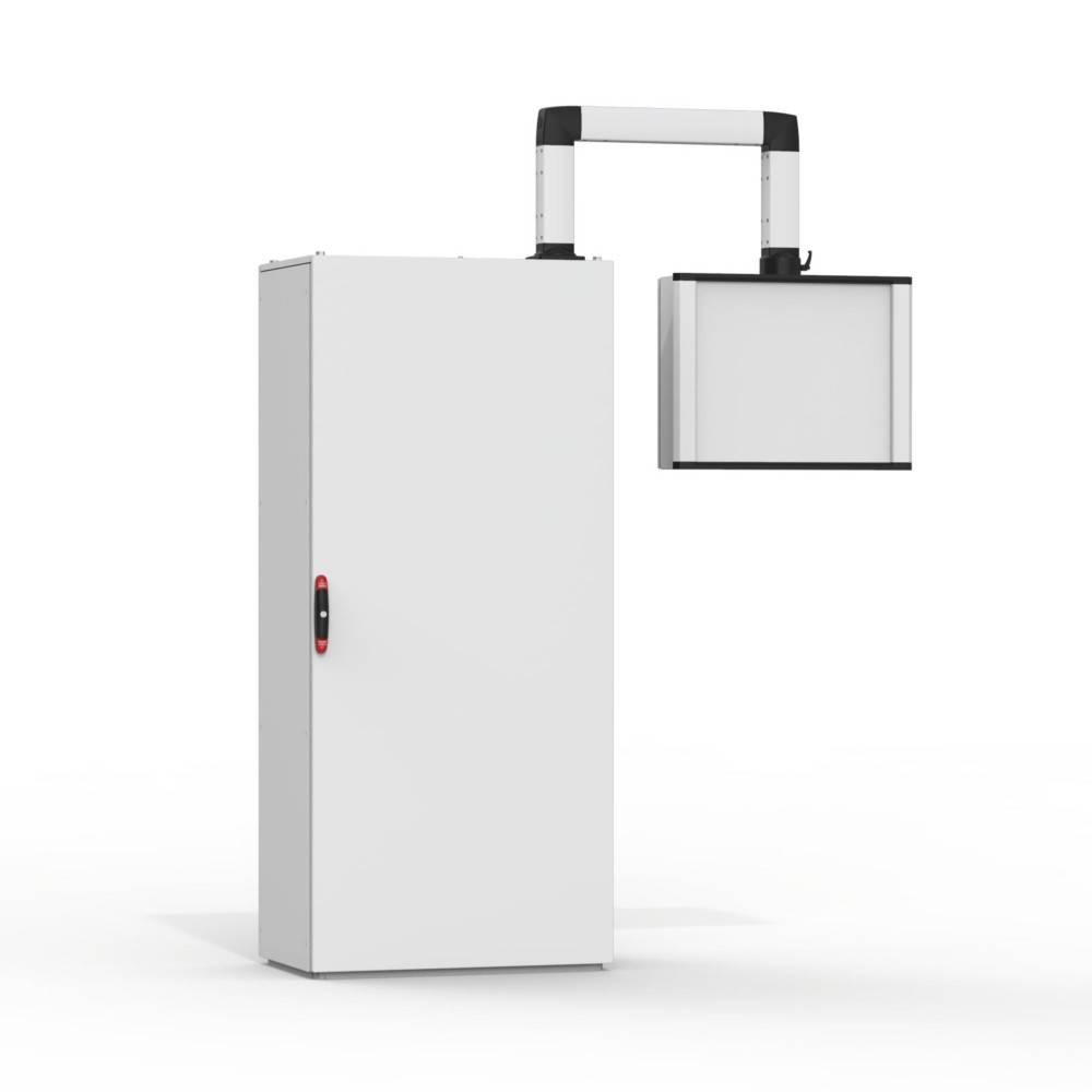 Hoher, weißer rechteckiger Elektroschrank mit einem montierten Arm, der einen Bildschirm trägt, wahrscheinlich für industrielle Anwendungen.