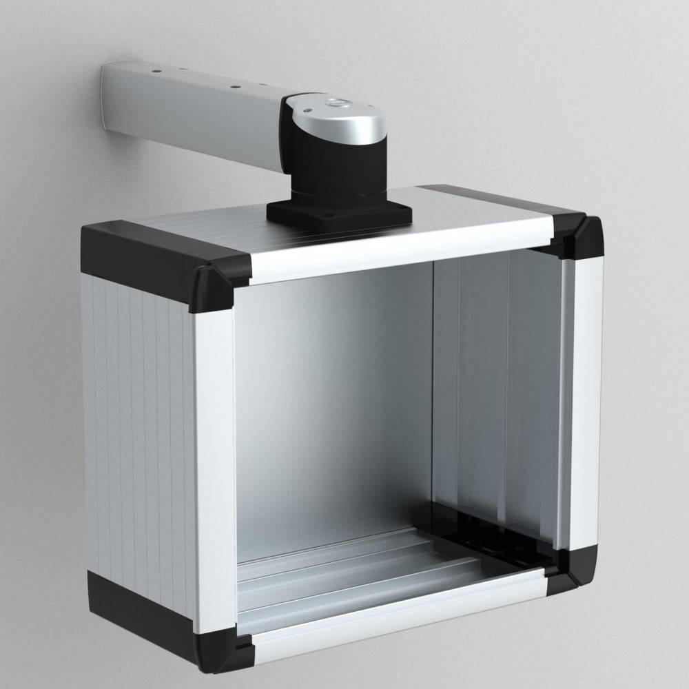 Wandmontierte, silberne Metallgehäuse mit einem Scharnierarm und schwarzen Eckverstärkungen, geeignet zur Unterbringung von elektronischen Geräten.