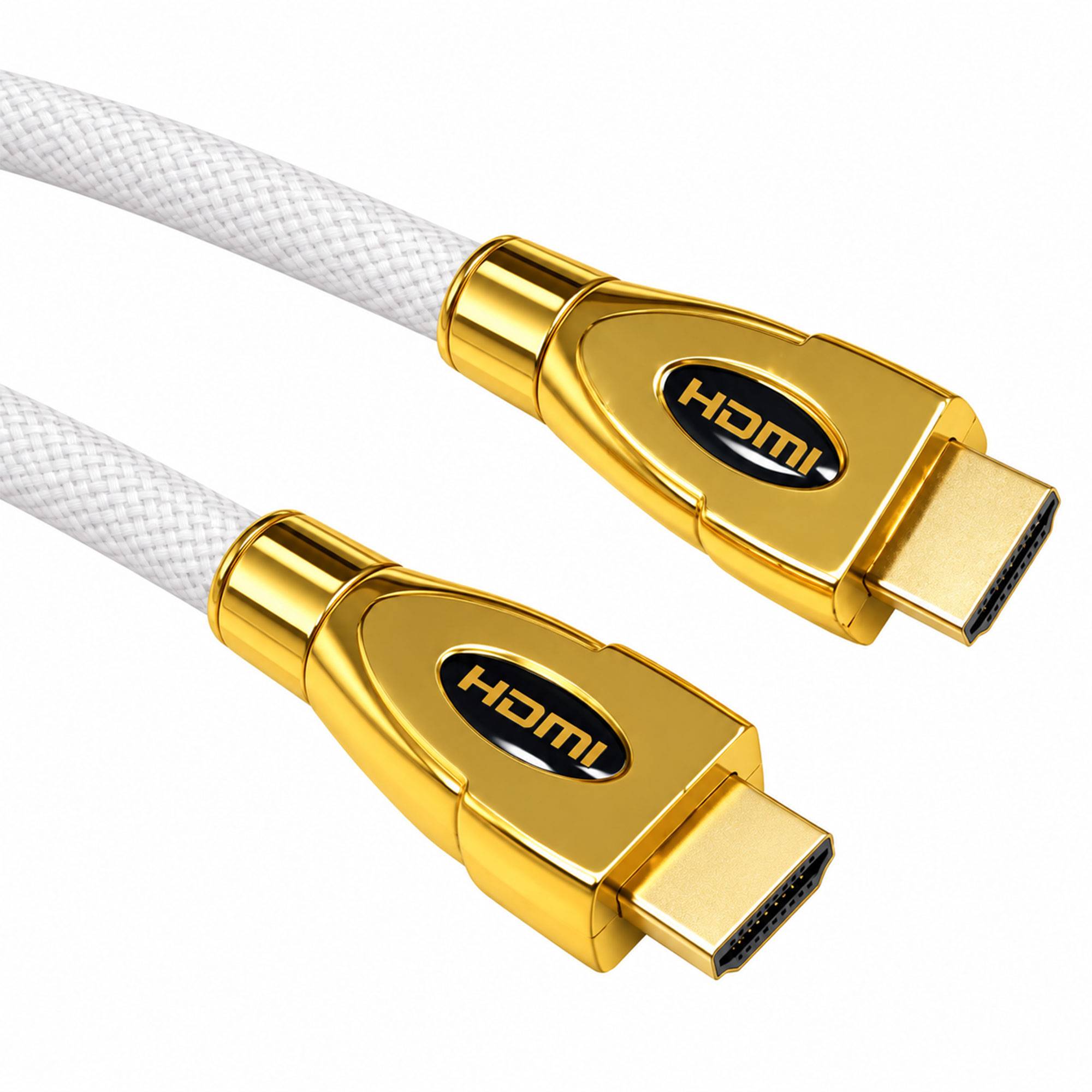 Zwei goldene HDMI-Kabel mit weißen geflochtenen Ummantelungen, gezeigt auf weißem Hintergrund.