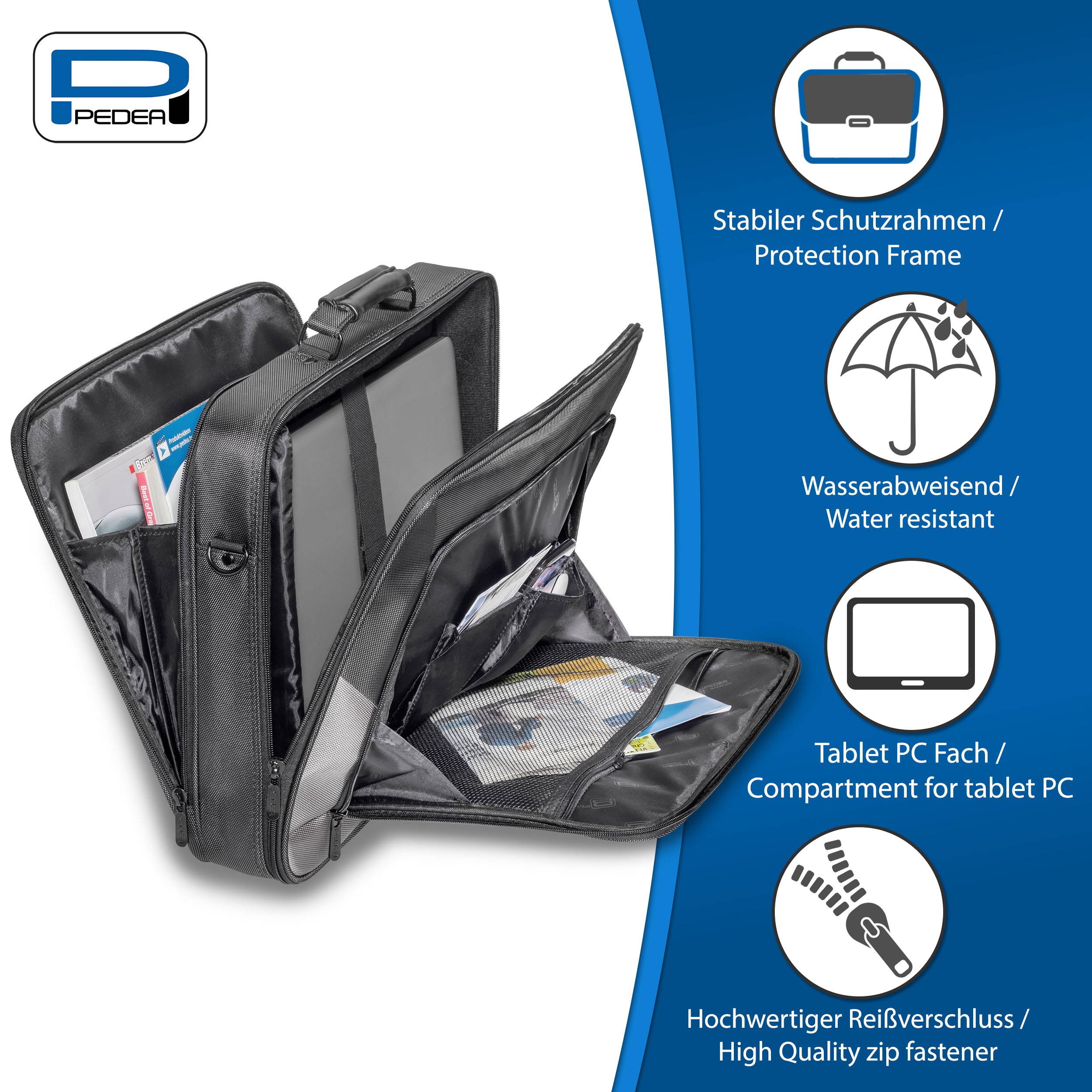 Schwarze Tablet-Schutztasche mit mehreren Reißverschlussfächern; gekennzeichnet als Schutzrahmen, wasserbeständig und mit Tablet-PC-Fach.
