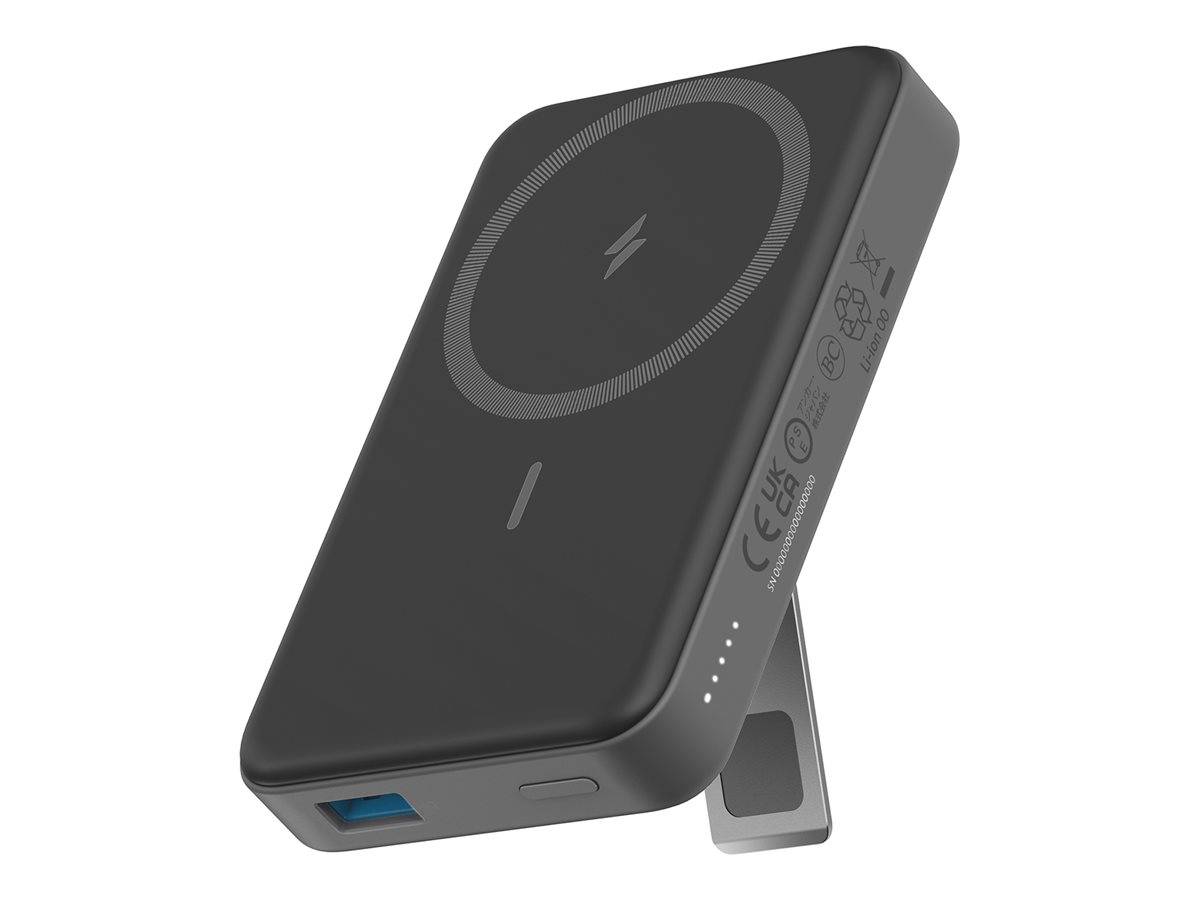 Schwarze magnetische kabellose Powerbank mit ausklappbarem Metallständer und USB-A-Anschluss