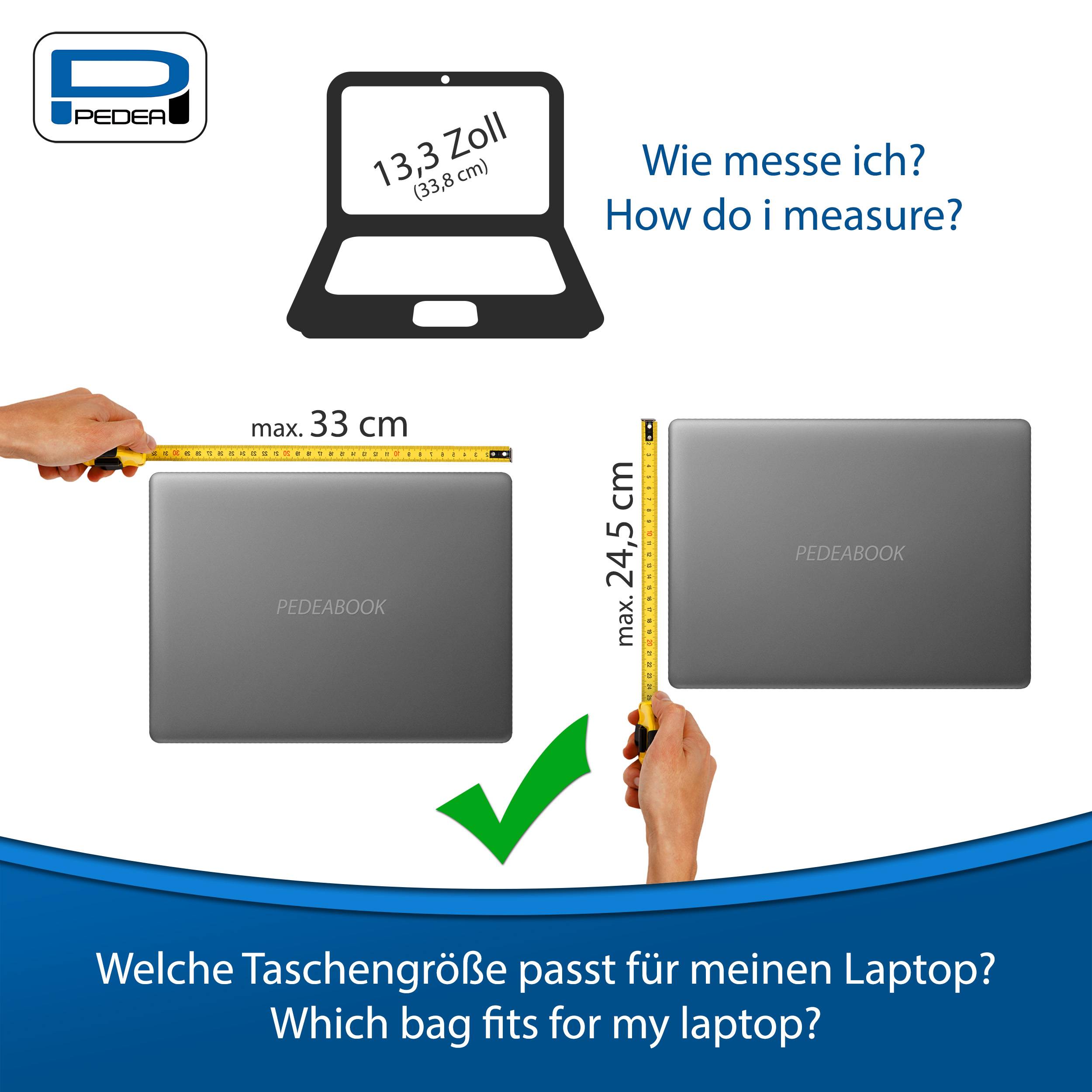 Diagramm zur Messung eines 13,3-Zoll-Laptops: maximal 33 cm breit und maximal 24,5 cm tief, mit Text, der fragt, welche Tasche zum Laptop passt.