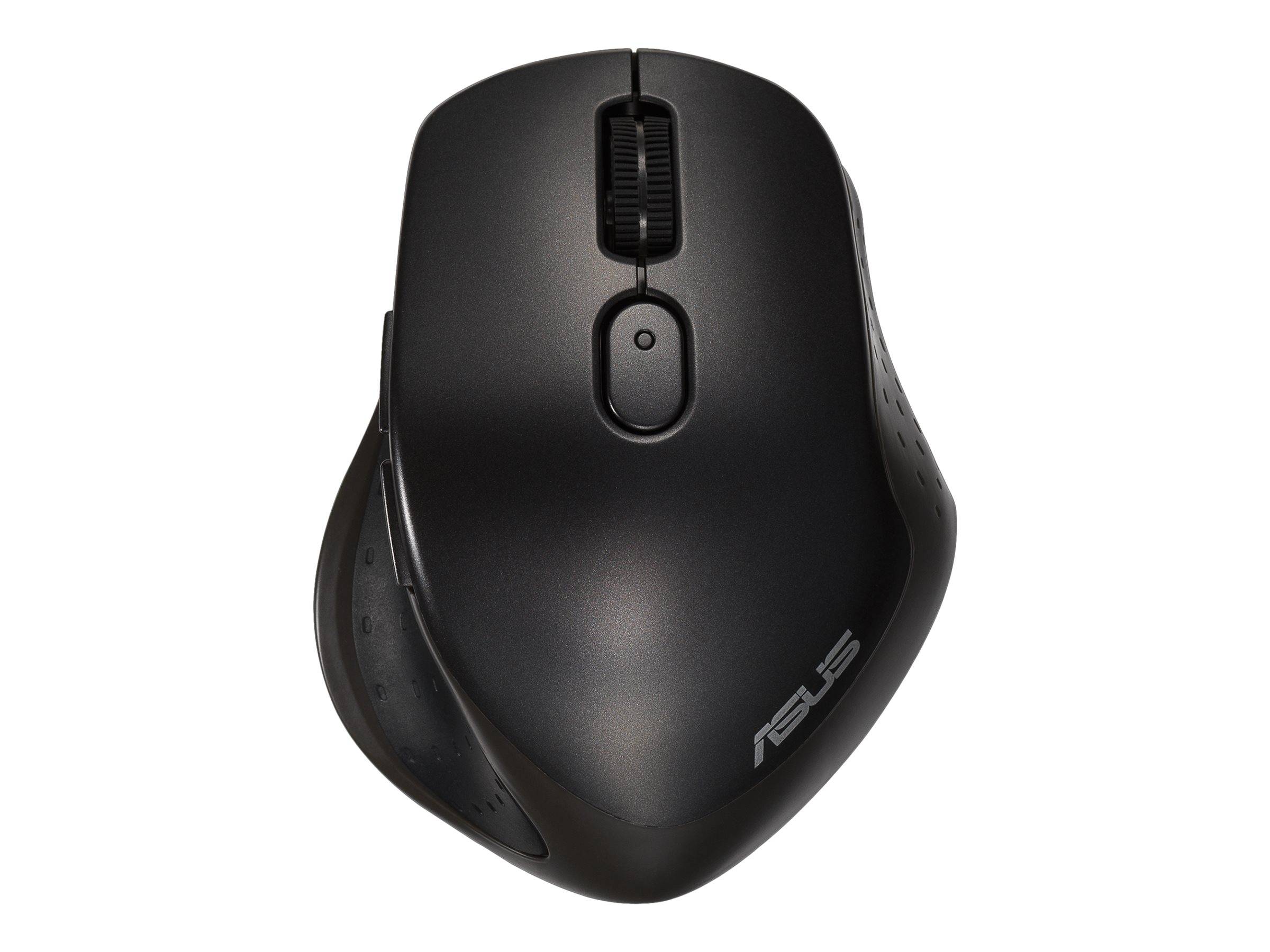 Schwarze kabellose ASUS-Computermaus von oben auf weißem Hintergrund gezeigt.