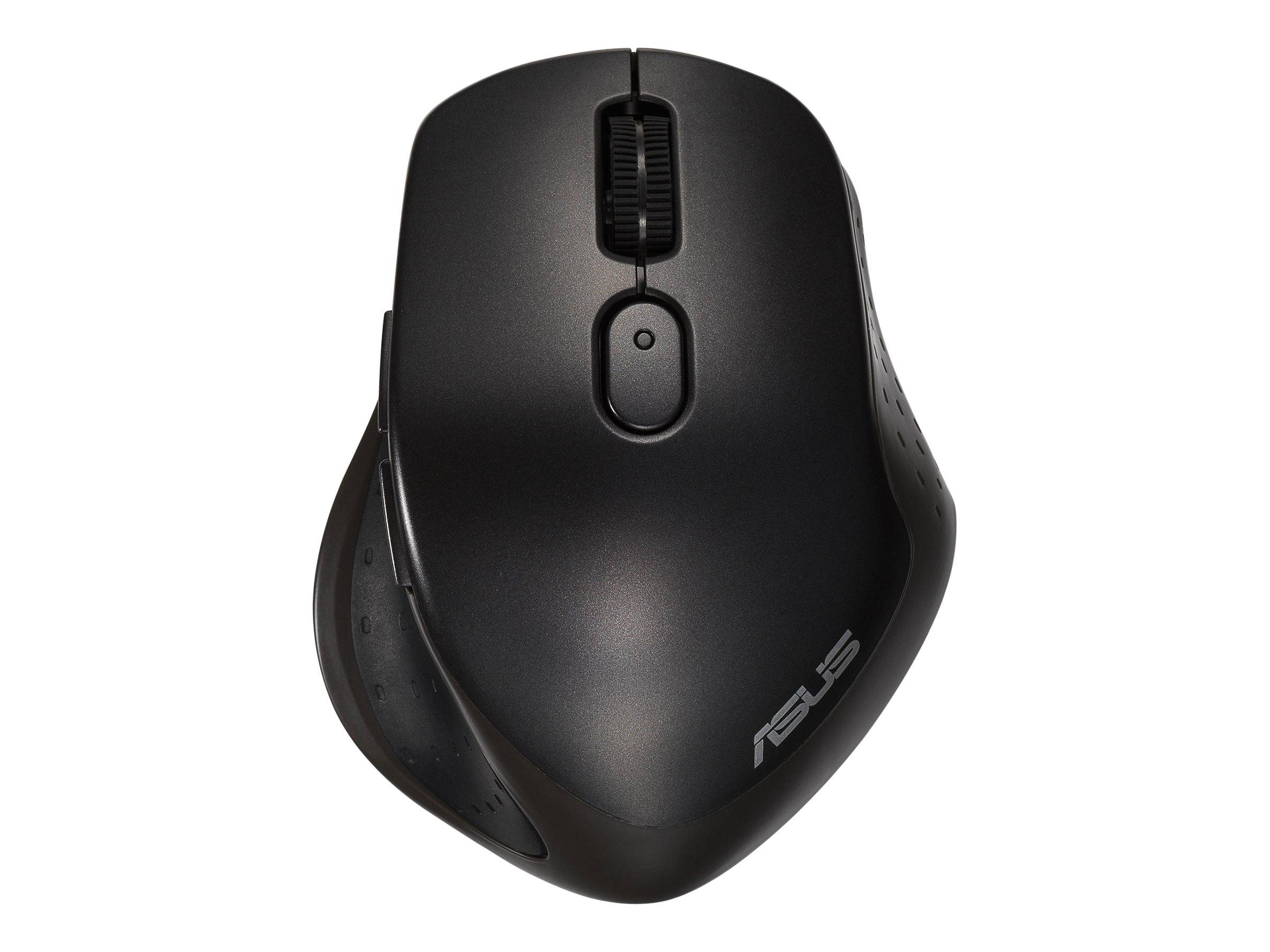 Schwarze kabellose Computermaus mit Scrollrad und ASUS-Logo auf weißem Hintergrund