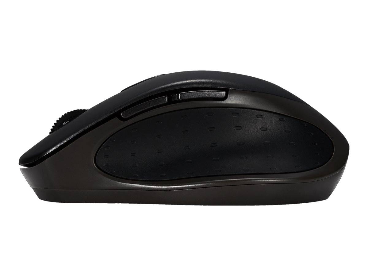 Schwarze kabellose Computermaus in Seitenansicht auf weißem Hintergrund.