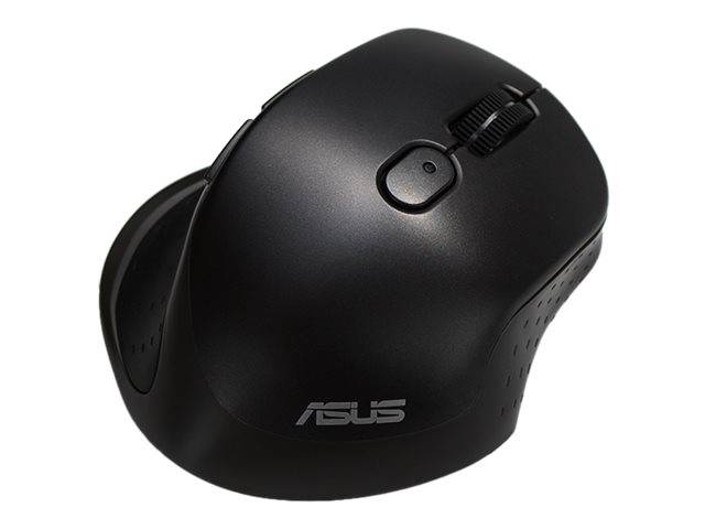 Schwarze ergonomische ASUS-Computermaus mit Scrollrad und Seitentasten auf weißem Hintergrund.