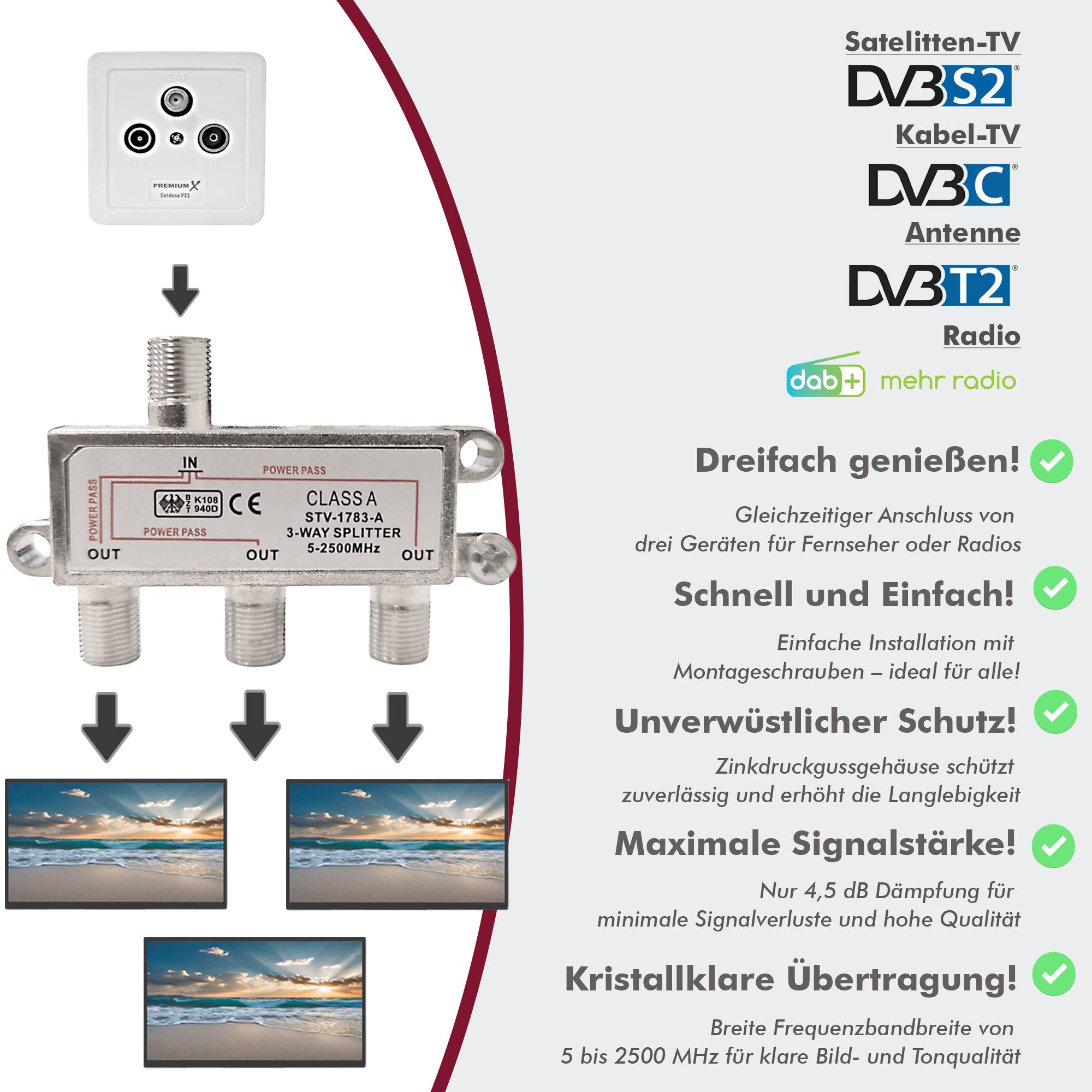 PremiumX V-3 SAT Verteiler 3-Fach 5-2500 MHz BK-Verteiler für TV, Radio und DVB-S/S2 dreifacher Satelliten-Verteiler 3 Ausgänge Splitter verteilt LN
