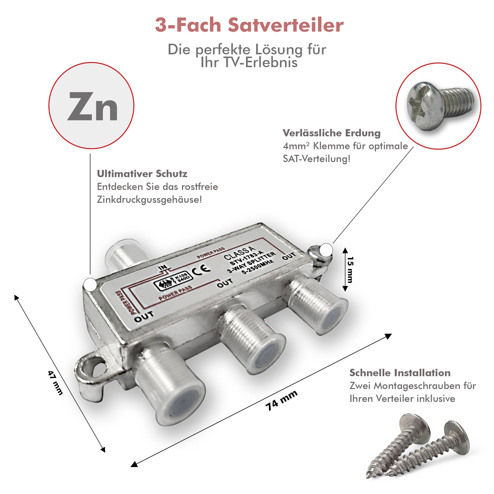 PremiumX V-3 SAT Verteiler 3-Fach 5-2500 MHz BK-Verteiler für TV, Radio und DVB-S/S2 dreifacher Satelliten-Verteiler 3 Ausgänge Splitter verteilt LN