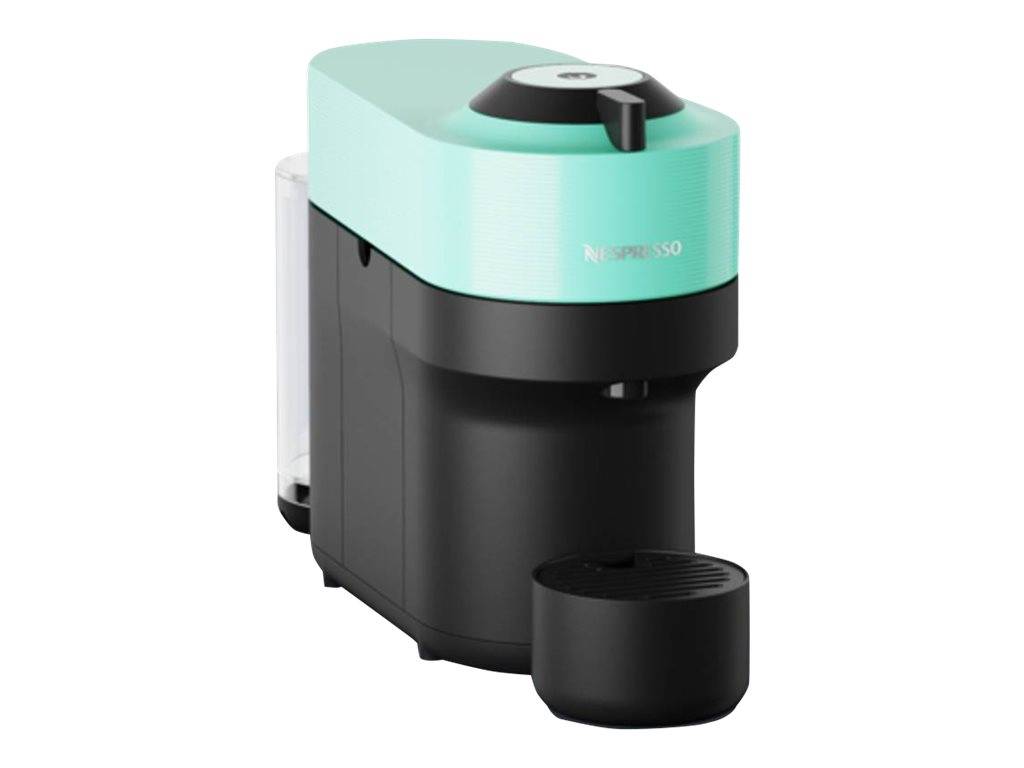 Kompakte Nespresso-Kaffeemaschine mit mintgrünem Deckel, schwarzem Gehäuse und frontaler Tassenablage, auf weißem Hintergrund dargestellt.