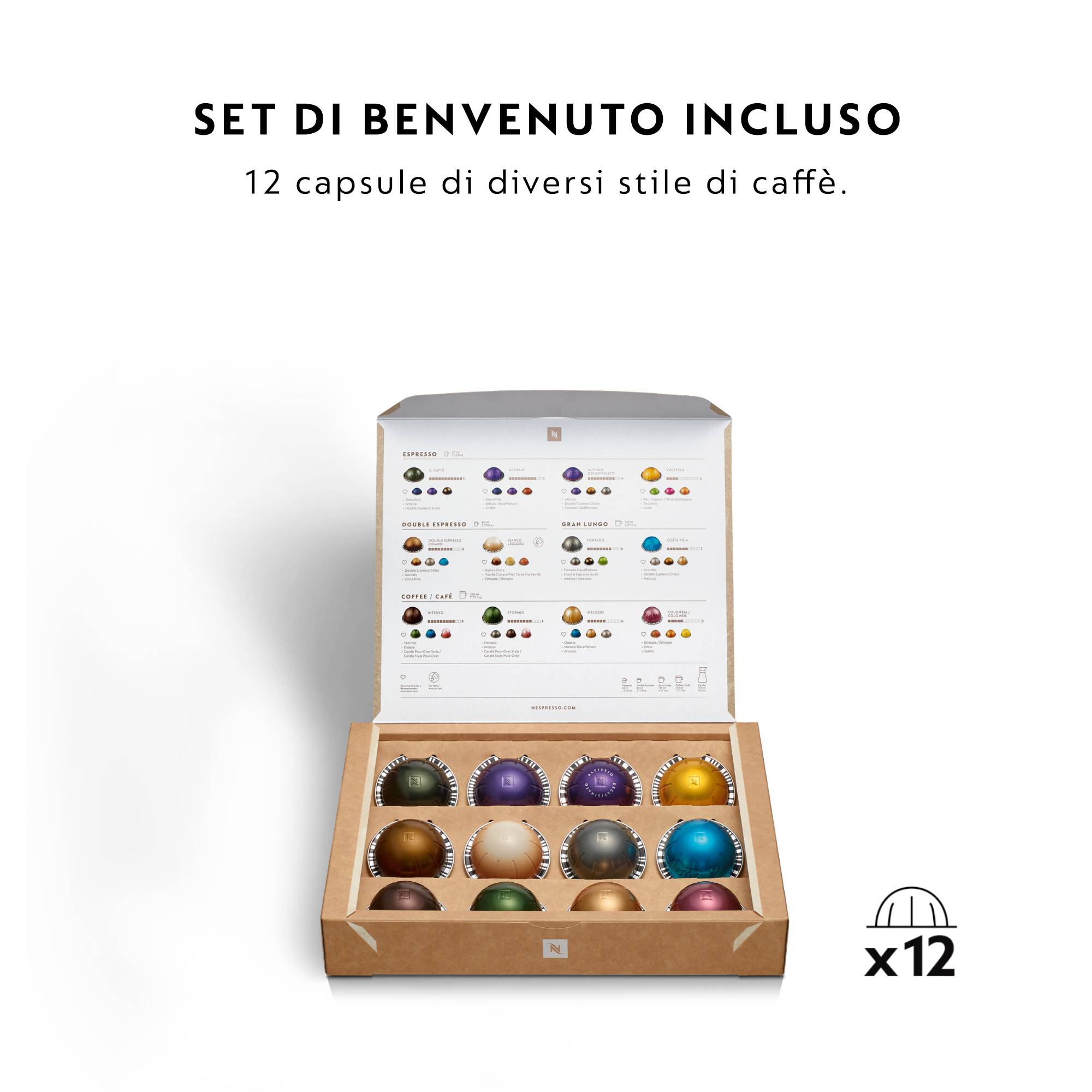 Willkommensgeschenkset mit 12 Kaffeekapseln in verschiedenen Sorten, dargestellt in einer offenen Schachtel mit einer Vielzahl von Kapselfarben.
