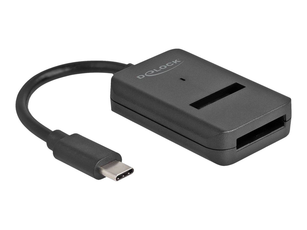 USB-C-Adapterkabel mit einem schwarz-farbigen Delock-Dongle und angeschlossenem USB-C-Stecker, dargestellt auf weißem Hintergrund.