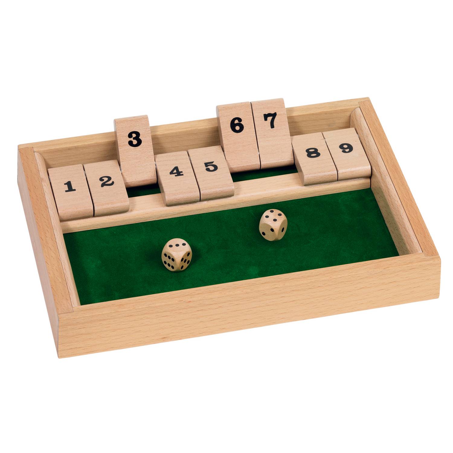 goki HS075 Shut the box Würfelspiel, 25,5 x 17,5 x 3,2 cm, Holz, 2 Würfel, natur
