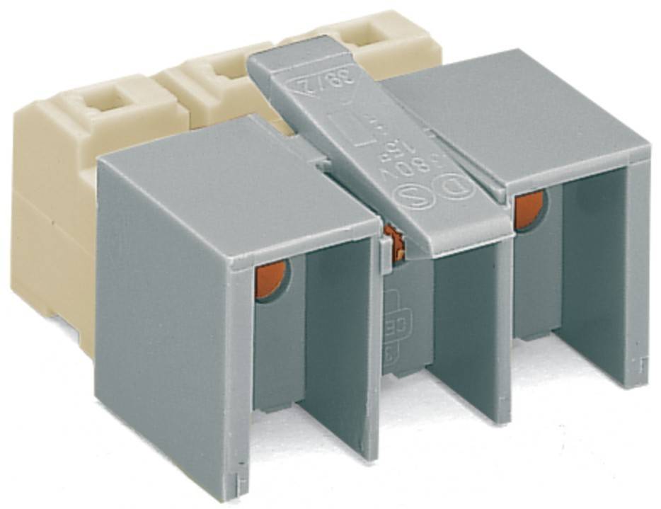 Ein beige-grauer Elektroanschluss mit drei Anschlüssen, verwendet für sichere Kabelverbindungen in elektrischen Installationen.