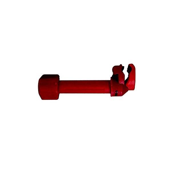 Rotes Metallrohrfitting oder Werkzeugkomponente mit einer verschlossenen linken Seite und einer hakenförmigen Klemme auf der rechten Seite, freigestellt auf weißem Hintergrund.