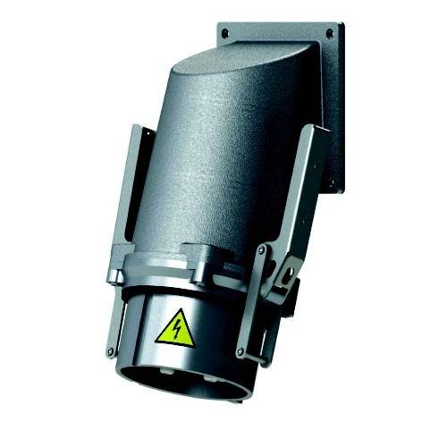 Wandmontiertes elektrisches Gerät mit einem Warnblitzsymbol, dargestellt in einer Metallhalterung vor weißem Hintergrund.