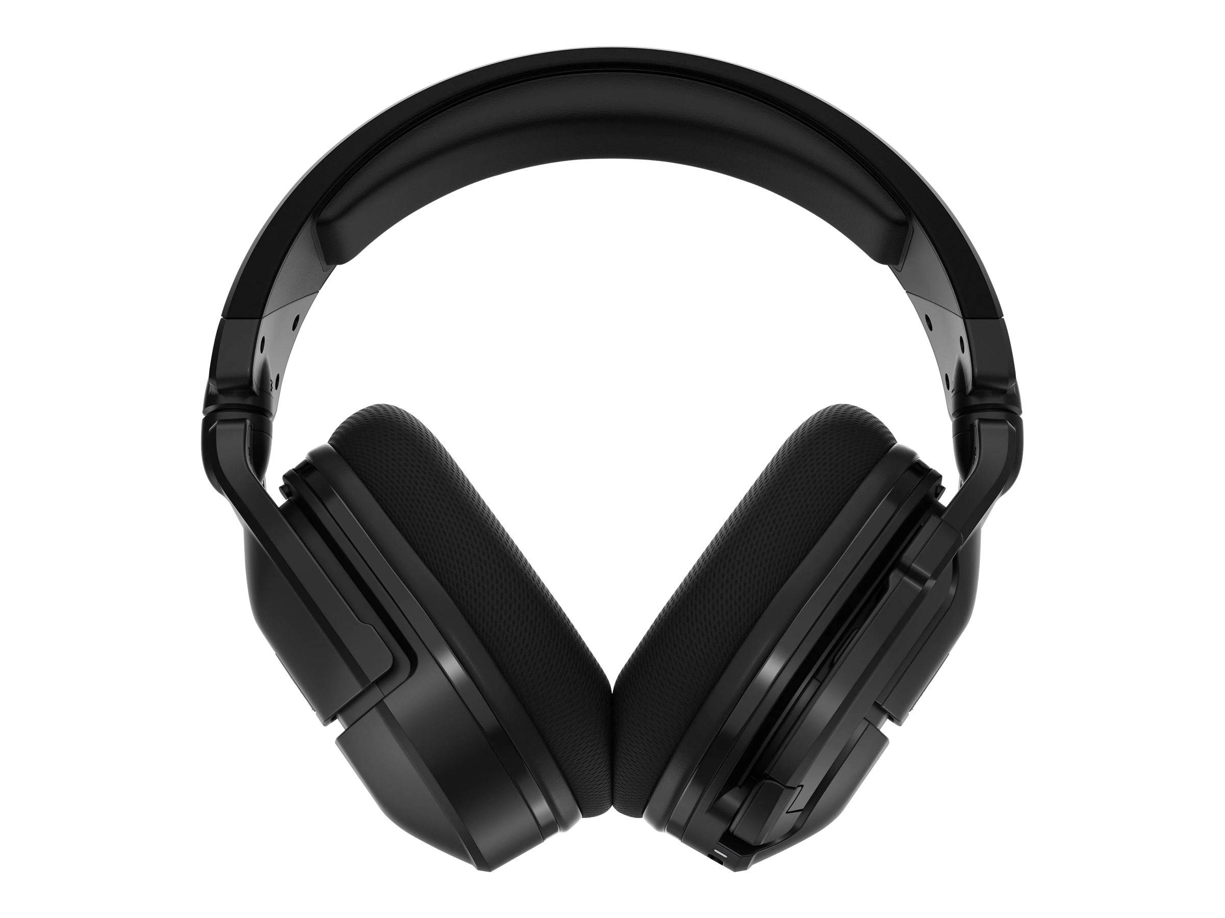 Schwarze Over-Ear-Kopfhörer auf weißem Hintergrund, Vorderansicht mit gepolsterten Ohrmuscheln und Kopfbügel.