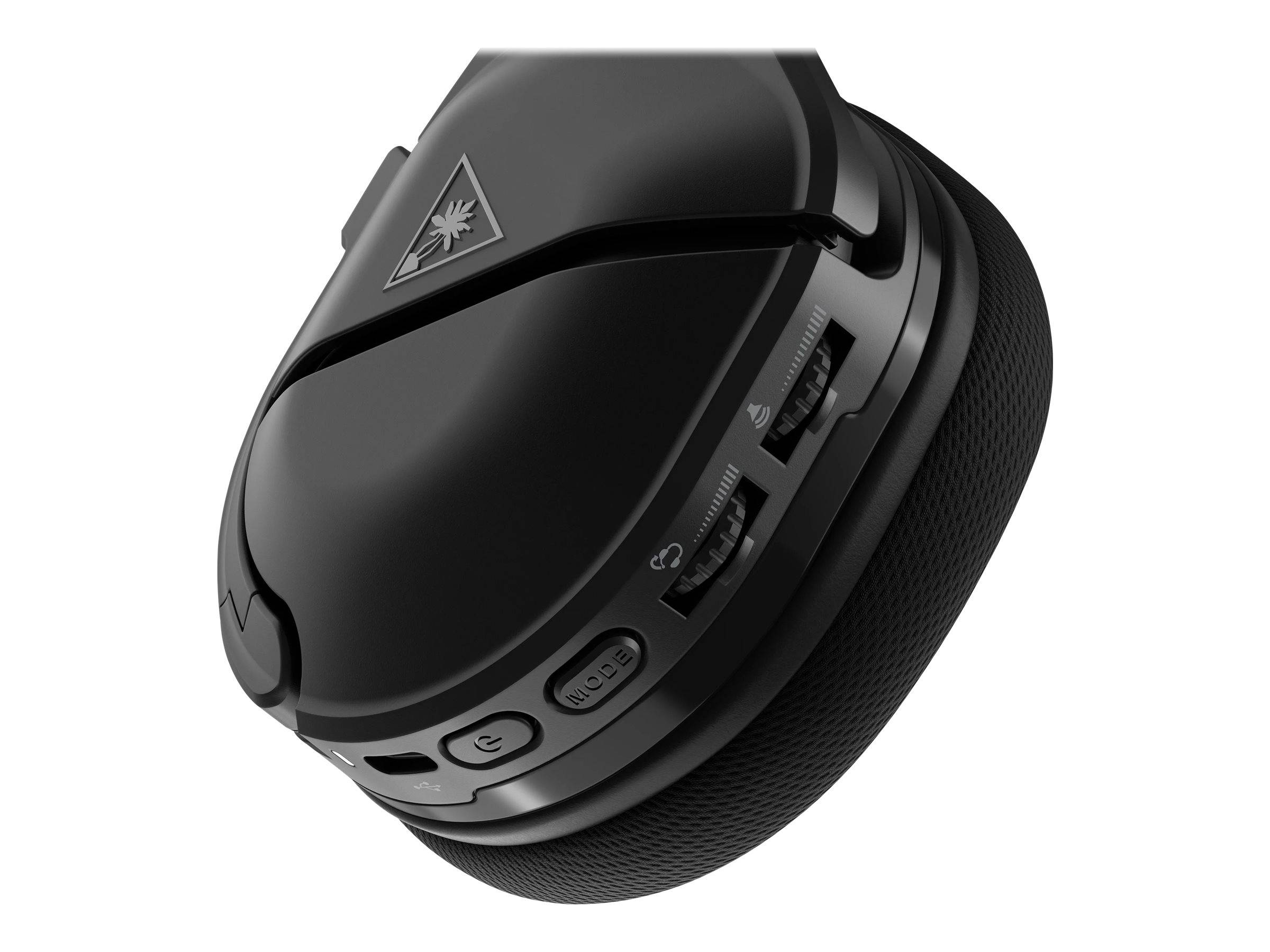 Schwarzer Over-Ear-Gaming-Kopfhörer-Ohrmuschel mit Turtle-Beach-Logo, Lautstärke- und Mikrofonreglern, in Nahaufnahme auf weißem Hintergrund