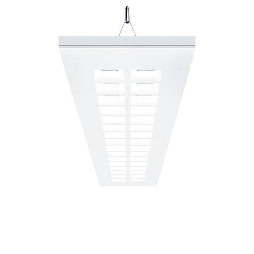 Hängendes rechteckiges LED-Deckenleuchten-Panel mit schmalem weißem Rahmen und zentralem Diffusor-Gitter, auf weißem Hintergrund gezeigt.
