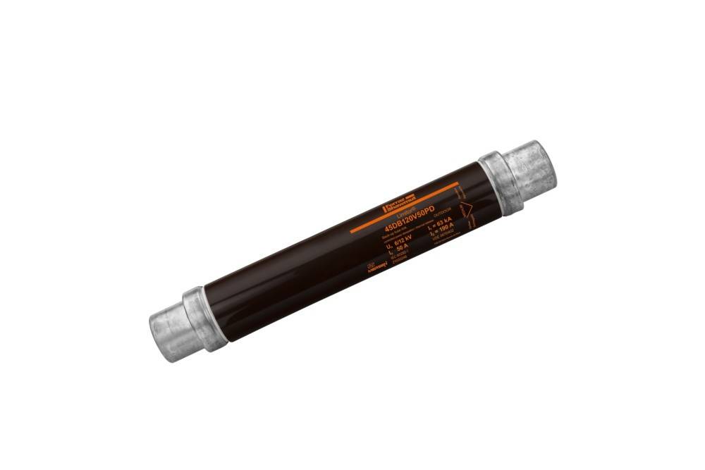 Eine zylindrische elektrische Sicherung mit metallischen Enden, gekennzeichnet mit „450E118V50PD