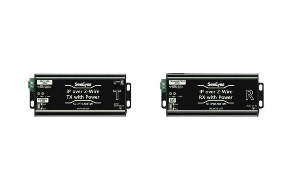Zwei SeeEyes IP über 2-Draht-Stromadapter-Einheiten nebeneinander dargestellt, beschriftet mit „TX mit Stromversorgung