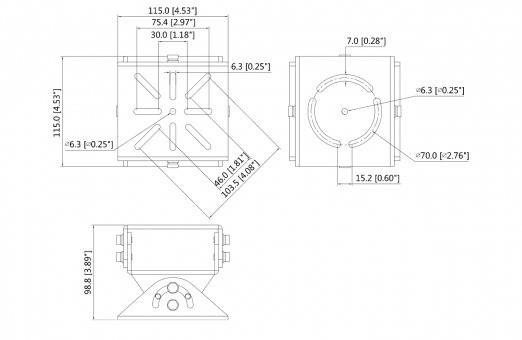 Technische Zeichnung eines zylindrischen Objekts mit Abmessungen in Zoll und Millimetern, bestehend aus drei Ansichten: Vorder-, Seiten- und Draufsicht.