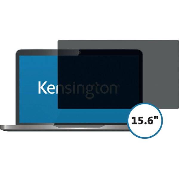 Datenschutz-Filterfolie für Laptop-Bildschirm auf einem 15,6-Zoll-Display, Marke Kensington.