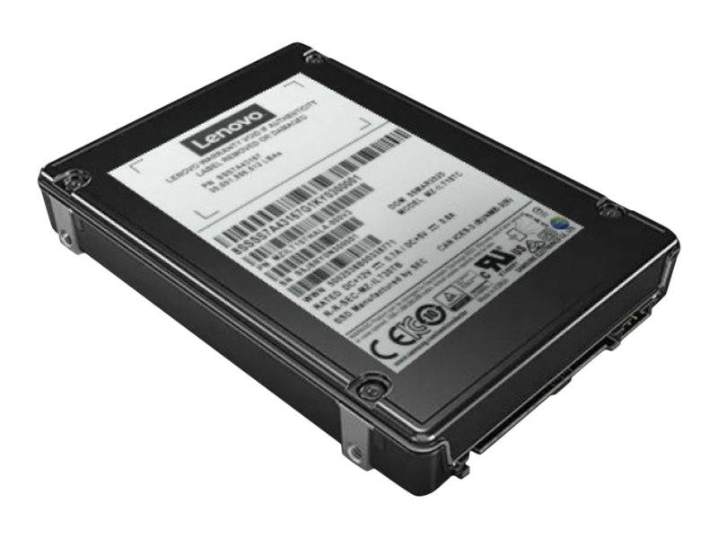 Schwarzes Lenovo Solid-State-Laufwerk in einer Dreiviertelsicht auf weißem Hintergrund, mit sichtbarem Produktetikett und Anschlüssen.