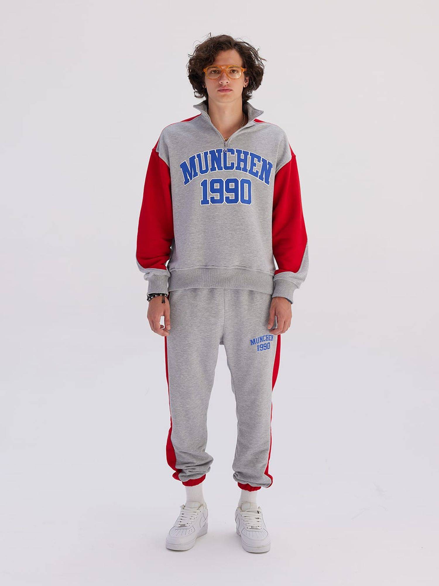 Set Jogger Jogginganzug Troyer "München" Jogginghose L Grau-Rot