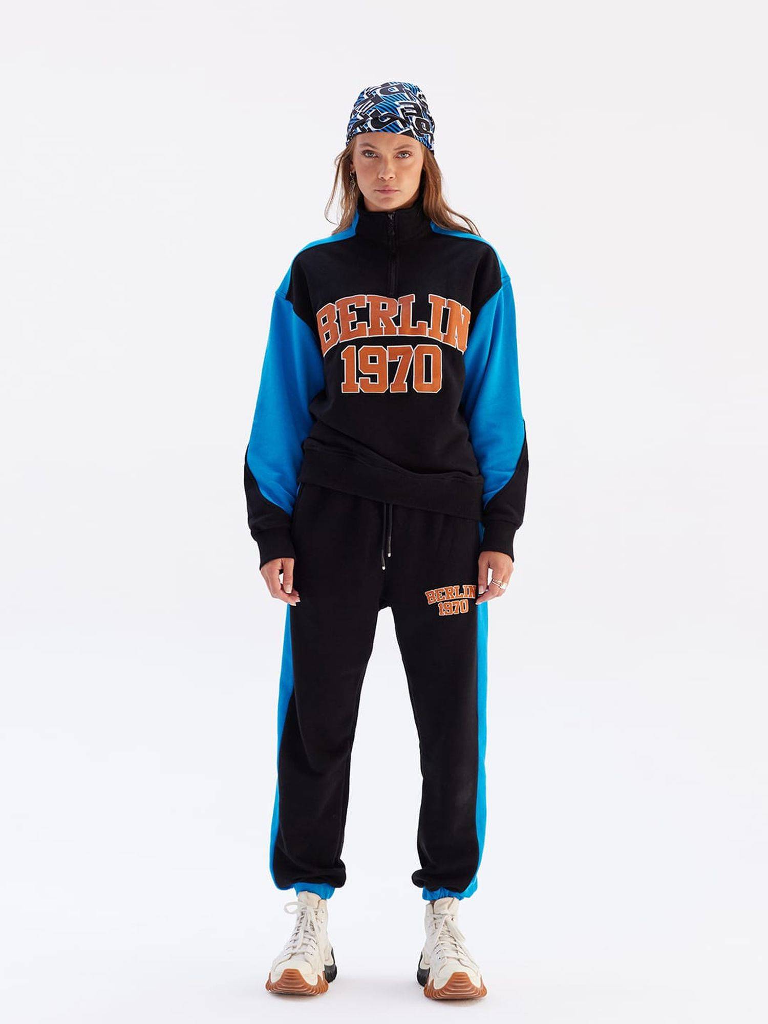 Set Jogger Jogginganzug Troyer Berlin Damen Jogginghose L Blau-Schwarz