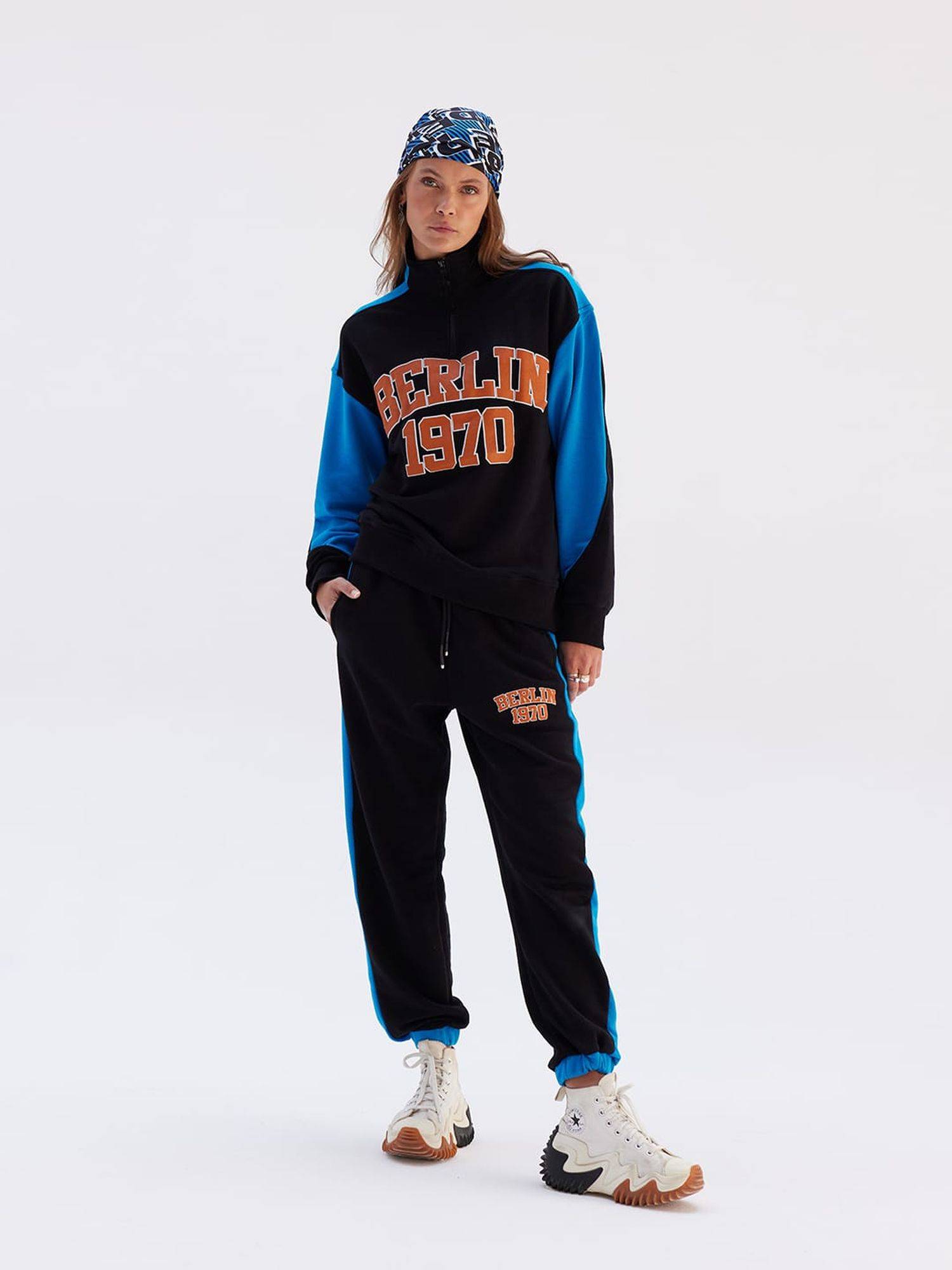 Set Jogger Jogginganzug Troyer Berlin Damen Jogginghose L Blau-Schwarz