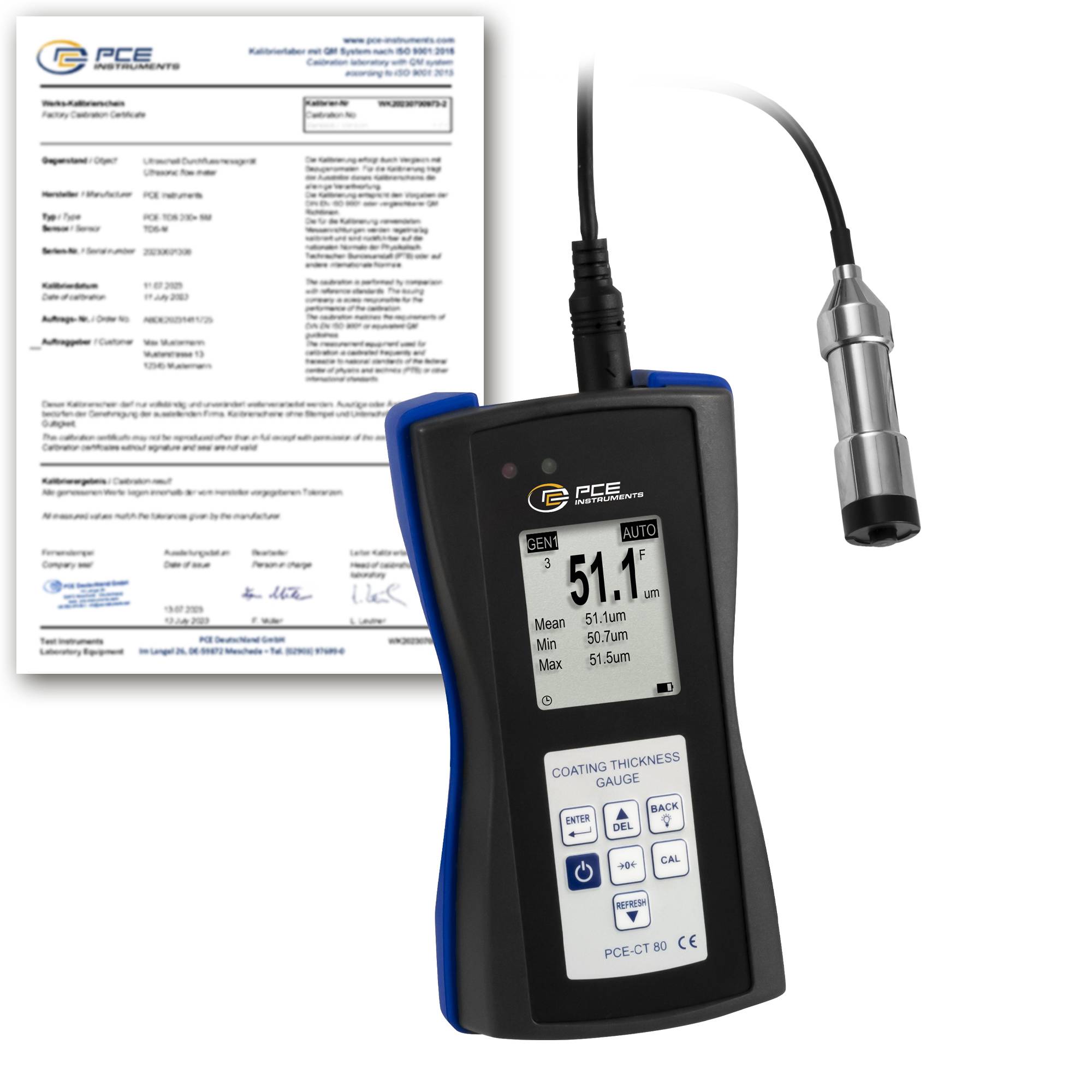 PCE Instruments Schichtdickenmessgerät PCE-CT 80-FN2-ICA inkl. Standard Sensor + ISO-Kalibrierzertifikat |Fe + NFe
