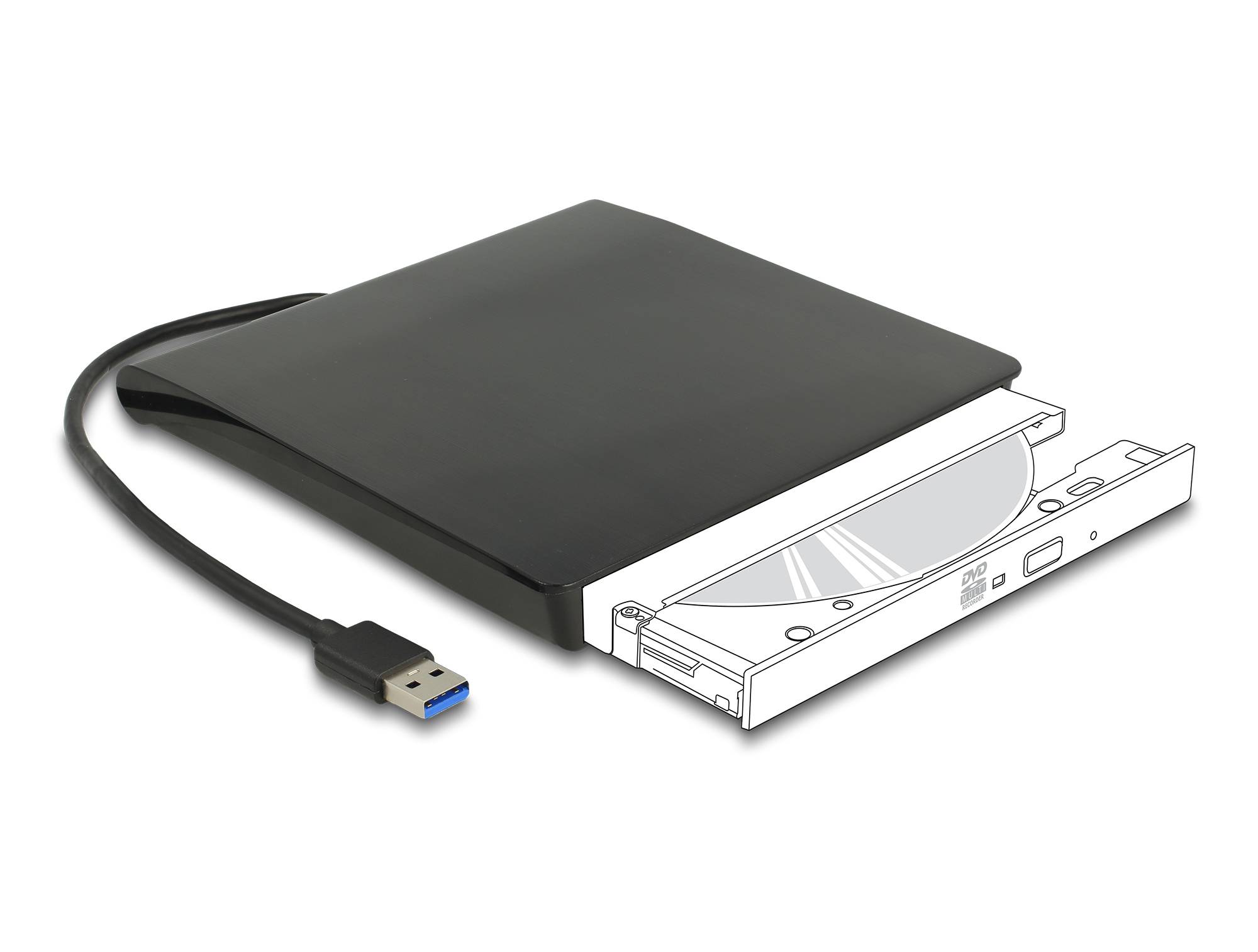 Externes schlankes schwarzes USB-Laufwerk für optische Discs mit angeschlossenem USB-Kabel und offener Schublade