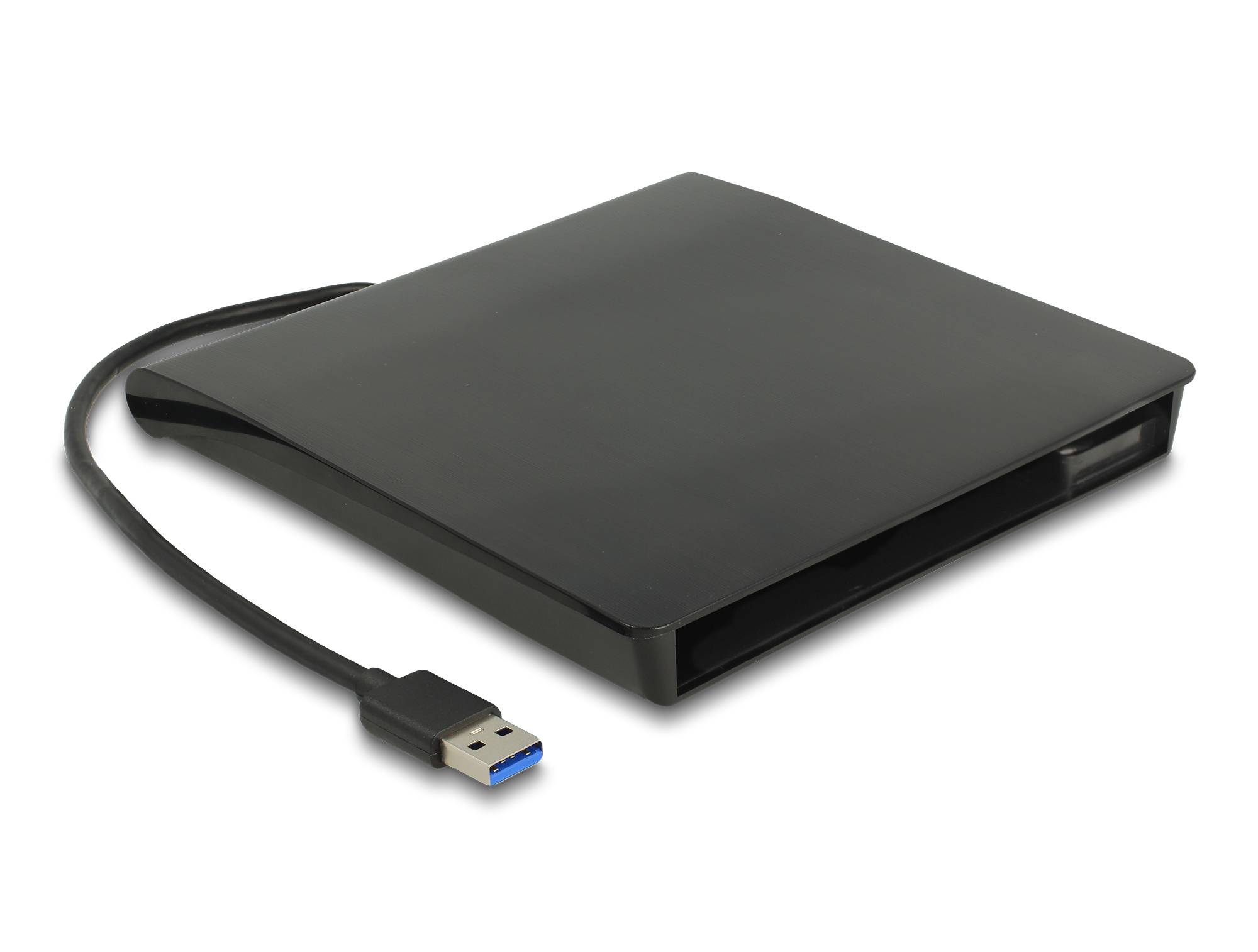 Externes schwarzes USB-Optisches Laufwerk mit angeschlossenem USB-Kabel und Anschluss