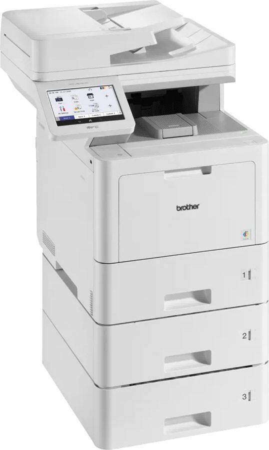 Ein weißer Drucker mit geöffnetem Scanndeckel und digitalem Displaybildschirm, auf dem die Markenbezeichnung an der Vorderseite angebracht ist.