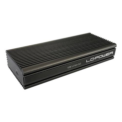 Rechteckige, schwarze externe Festplatte mit gerippter Oberfläche, beschriftet mit 'LE-POWER' und 'USB 3.2 Gen 2x2', was auf schnelle Datenübertragung hindeutet.