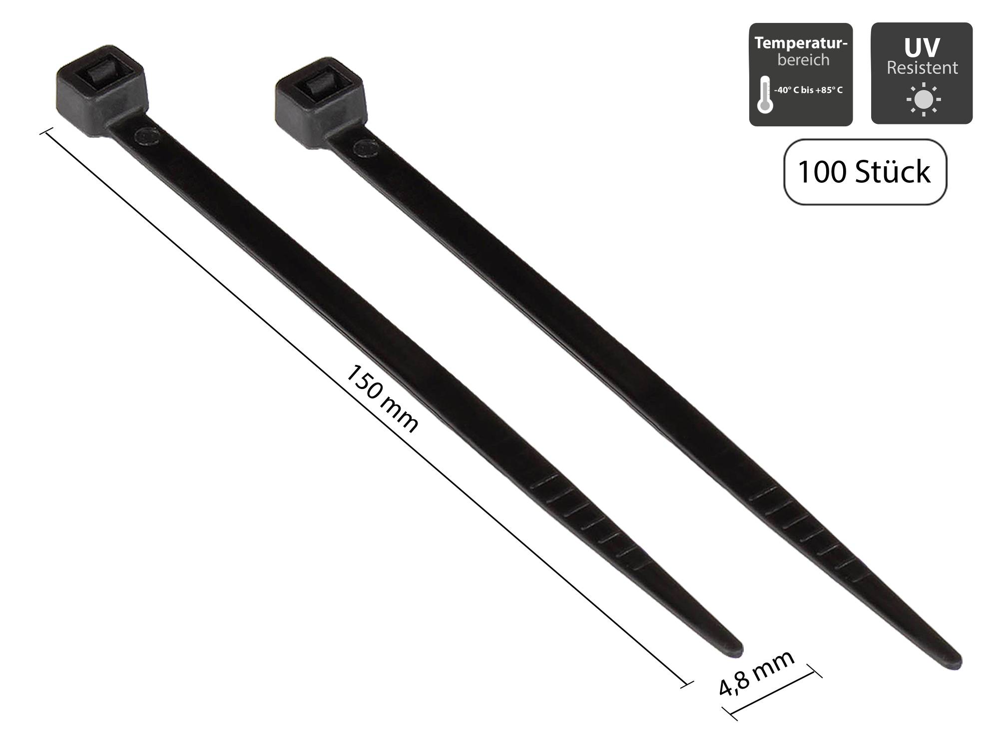 Kabelbinder 150 mm x 3,6 mm, schwarz, UL, UV-resistent, -40 °C bis +85 °C, 100 Stück, Good Connectio