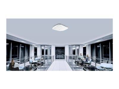 Eine moderne Büro-Lobby mit einer eleganten Deckenbeleuchtung, Glaswänden und Menschen, die auf Sofas sitzen und eine professionelle und einladende Atmosphäre schaffen.