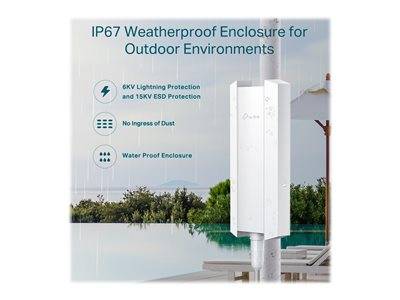 IP67 Wetterfeste Gehäuse für Außenbereiche mit Symbolen für Schutzfunktionen; zeigt Gehäuse auf einer Stange im Freien.