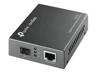 Ein TP-Link Omada Gigabit-Ethernet-Netzwerkgerät mit einem SFP-Port und einem Ethernet-Port, das zur Verwaltung von Netzwerkverbindungen verwendet wird.